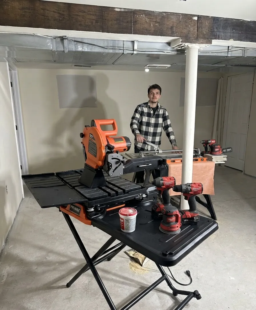 Luis Ayala, owner of Apex Construxive, at his workshop with tools